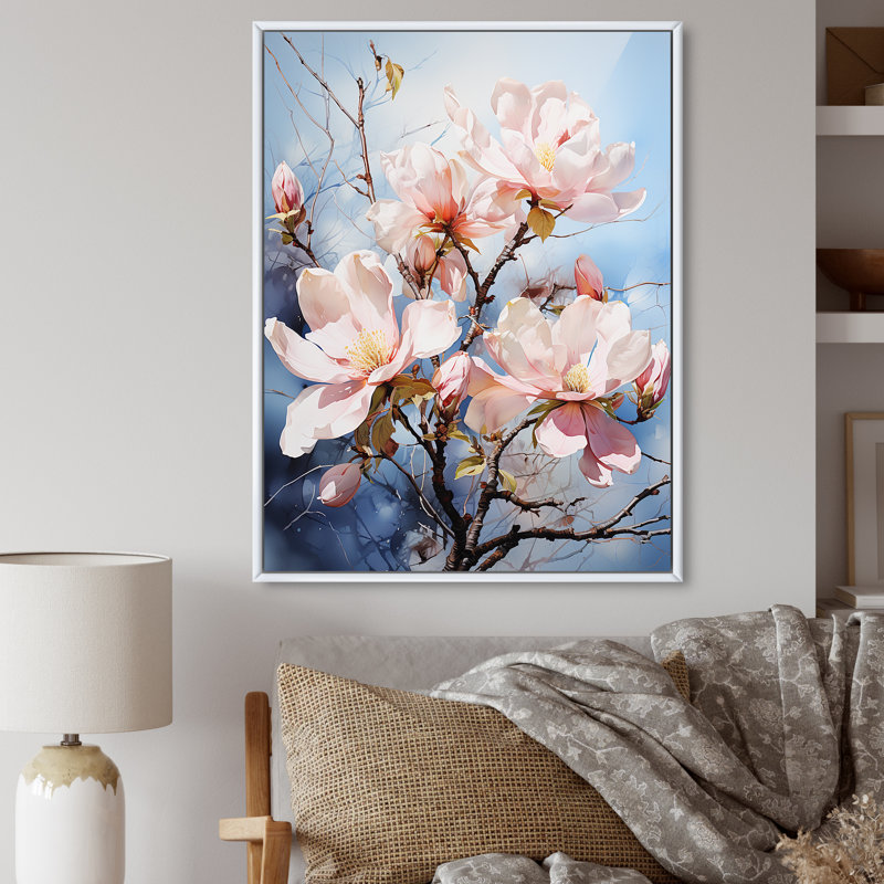 Blanc blanc rose Magnolias Magnolia Whispers II - imprimé, H 32 po x l 16 po x P 1 po, Cadre flottant blanc
