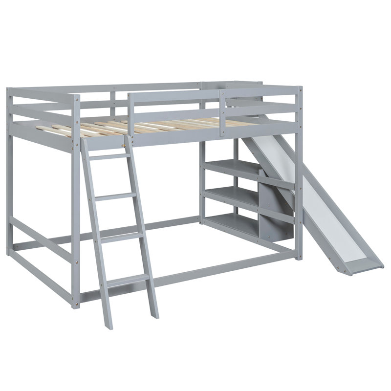 Full Over Full Bunk Bed With Ladder, Slide And Shelves, Grey