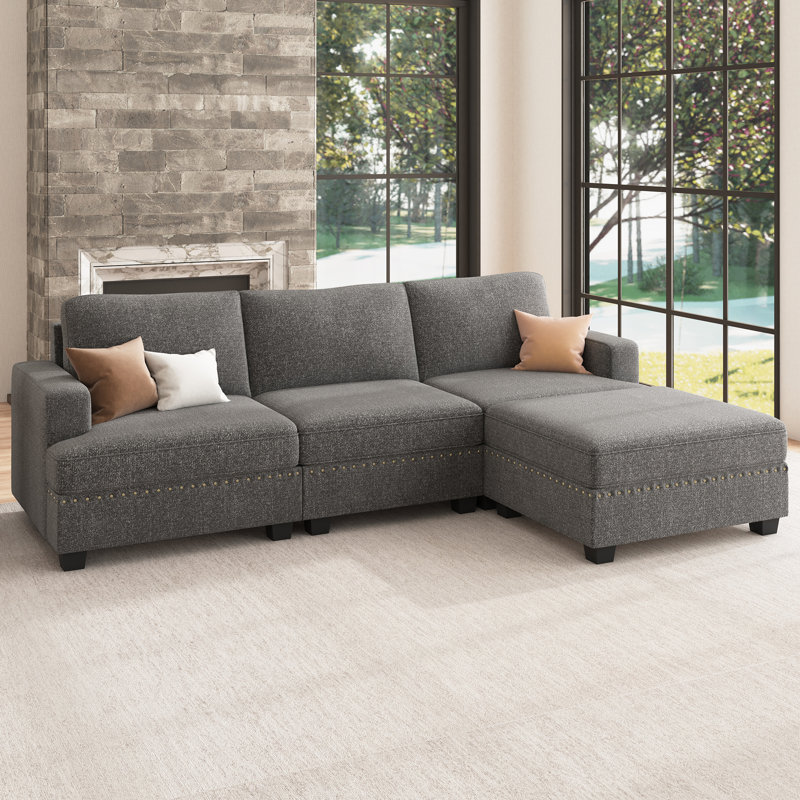 Canapé modulaire en L à 3 places avec méridienne Anureet, Polyester gris clair