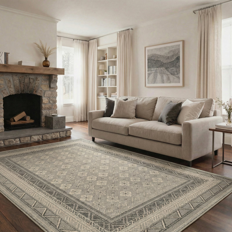 Oriental Transitional Border Machine Washable Beige / Grey Indoor Area Rug with Non-Slip Backing, Rectangle 8' x 10'