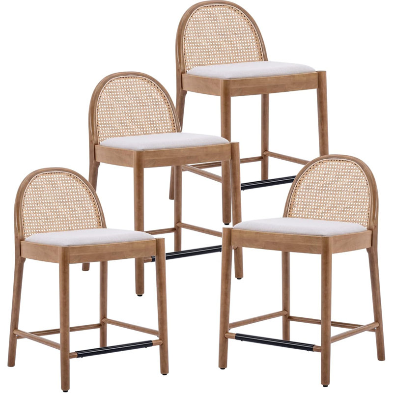 Tabourets de bar modernes avec tabourets de bar rembourrés avec dossier en rotin et pieds en bois, Brun / Beige
