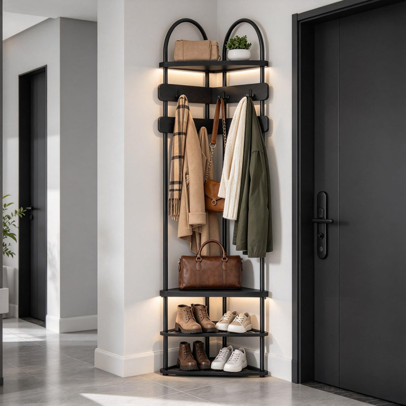 Banc de coin d'angle pour vestibule, porte-manteau d'entrée 6 crochets et rangement pour chaussures, 71 po, Noir
