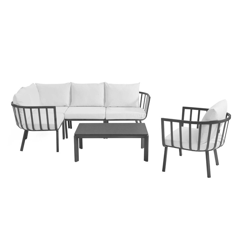 Riverside 4 Piece Outdoor Patio Aluminum Sectional Set with Armchair and Table, Grey White