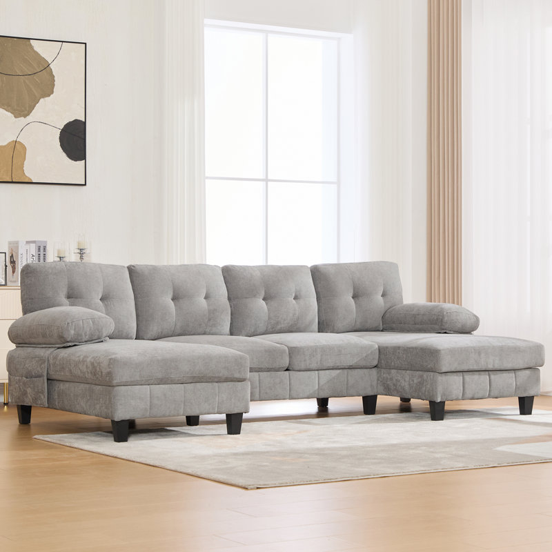 Canapé modulaire en chenille 103,5 po Cressida avec méridienne double, poches de rangement, Gris