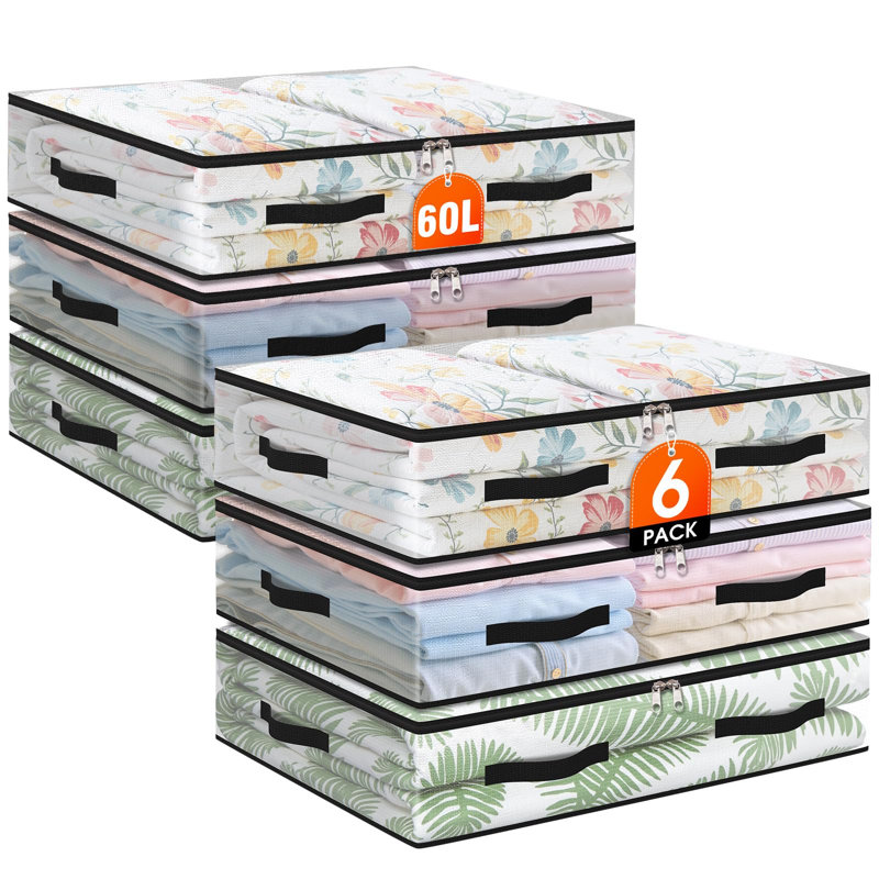 6 Pack Under Bed Storage Bags, 60L Foldable Clear Storage Containers With Handles, Dual Zippers For Comforter, Clothes, Bedding, Linen Sheets, Sweaters, Blanket Storage