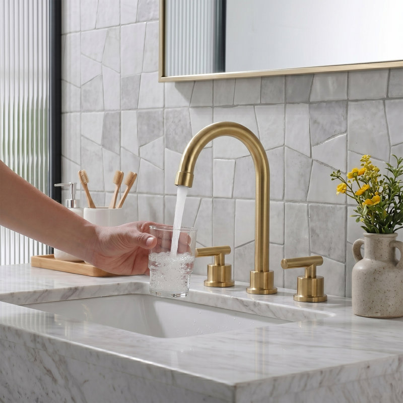 7.4" Modern Widespread Bathroom Sink Faucet 3 Hole, 2-Handle Bathroom Faucet With Drain Assembly, Brushed Gold