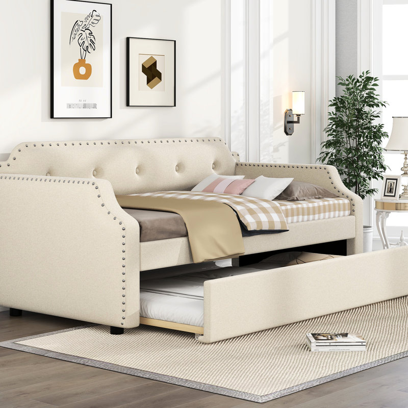 Lit de jour rembourré beige avec lit gigogne escamotable, lit simple pour matelas en mousse de taille dortoir, Beige