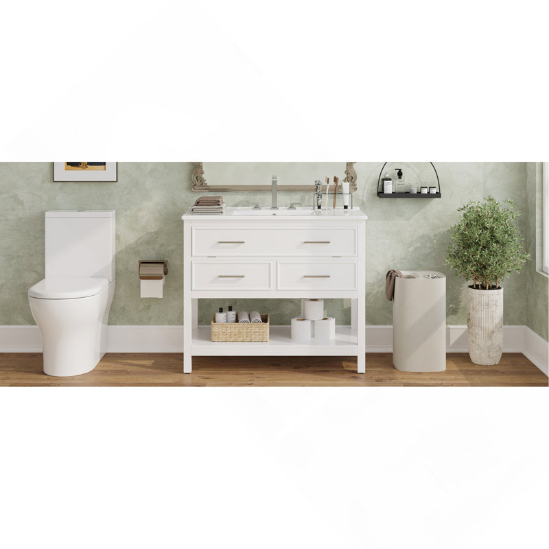 Meuble-lavabo 36 po avec lavabo en céramique, meuble-lavabo avec plateau basculant et 2 tiroirs pleine extension, poignées argentées et glissières à fermeture en douceur, 1 tablette ouverte en bas, blanc