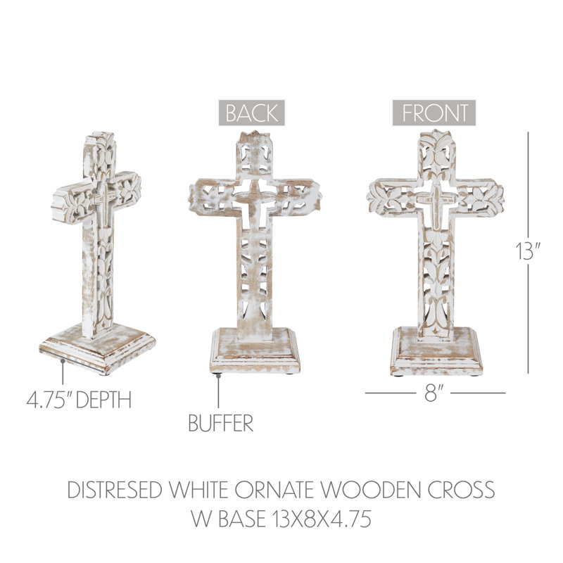 Croix en bois blanc patiné avec base 13 x 7,5 x 5