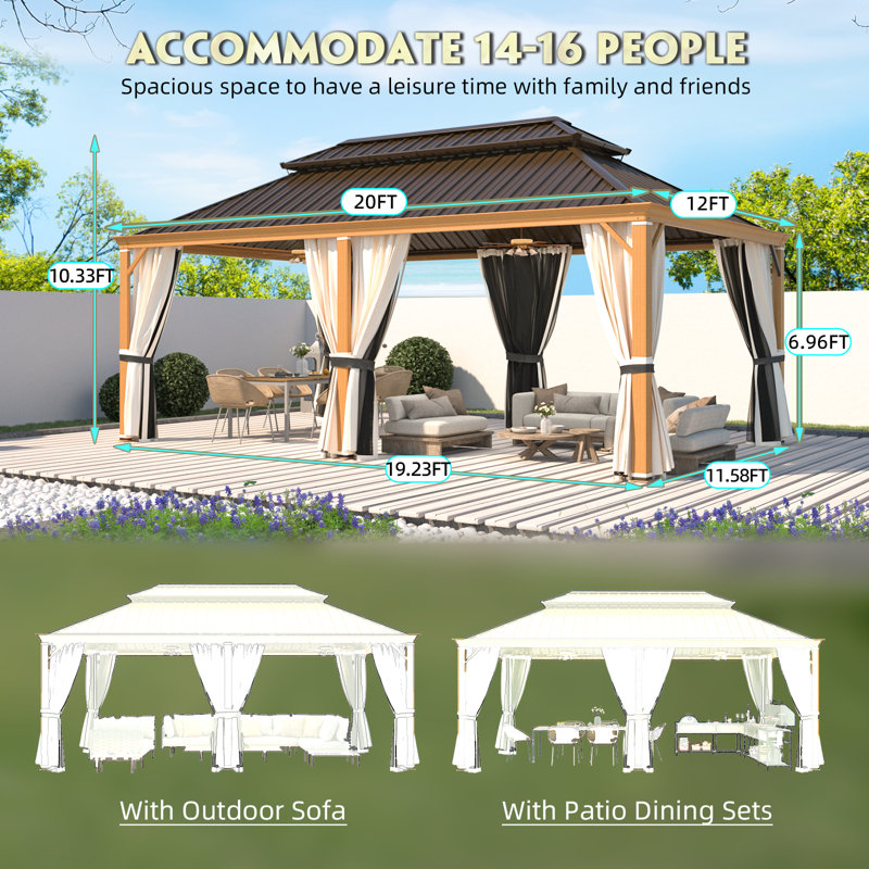 12' X 20' Outdoor Spruce Hardtop Gazebo For Patios, Spruce Framed Gazebo With Double Roof, Aluminum Framed Gazebo With Privacy Curtains For Patio Lawn, Garden, Backyard