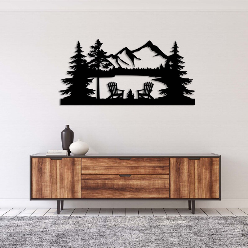 Lake View Metal Wall Art - Scenic Nature Landscape Decor - Mountain Lake Silhouette Design - Rustic Outdoor Wall Hanging - Modern Industrial Metal Sculpture - Cabin Lodge Home Decor - Large Statement Art Piece