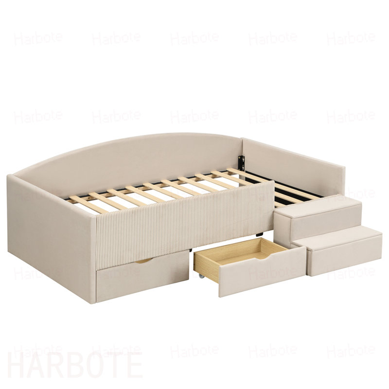 Structure de lit de jour simple rembourrée avec 2 tiroirs de rangement, Beige