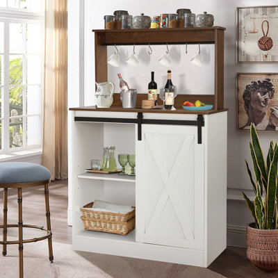 Farmhouse Coffee Bar Cabinet with 6 Hooks, 50" Coffee Bar Hutch with Sliding Barn Door and Adjustable Shelves by Gracie Oaks