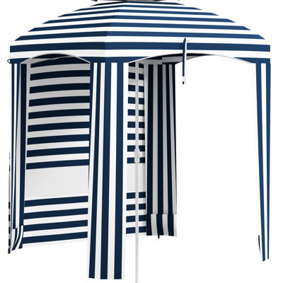 Portable - Parasol de plage, 5,8 pi x 5,8 pi, rayure bleue et blanche, construction stable 5,8 pi X avec parasol double, murs extérieurs à volants, bouches d'aération, sacs de sable, sac de transport, rayures pour profiter du soleil