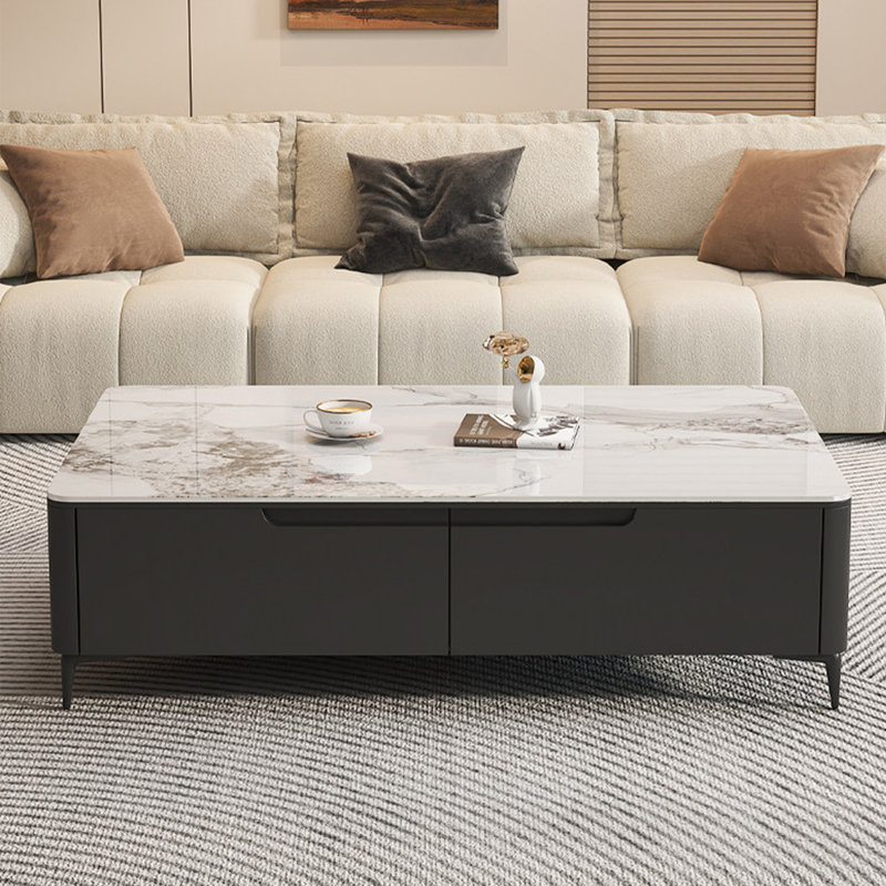 Luxury-Style Granite-Panel Storage Coffee Table, White/Gray, 16.5" H x 55.1" L x 27.6" W, Black