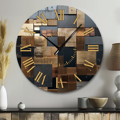 Brown Abstract Tile Mosiac Charm - Abstract Tile Golden Face Wall Clock