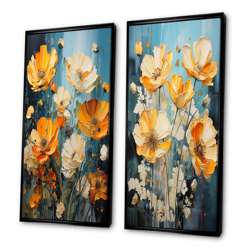 «Buttercups Burst With Fierce Brushwork» - Ensemble de 2 impressions sur toile Buttercups, Cadre flottant noir