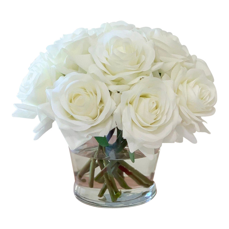 Real Touch Rose Arrangement In Round Glass Vase, White