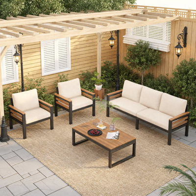 Ensemble de canapé d'extérieur 4 pièces pour 5 personnes avec accoudoirs en bois d'acacia, ensemble de conversation avec coussin amovible et table basse en bois massif pour le jardin, beige