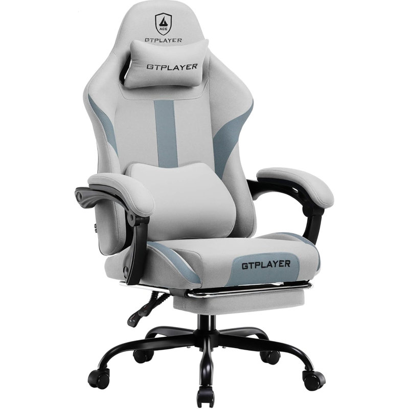 Gaming Chair with Foot Rest & Pocket Spring Cushion, Breathable Fabric for Home Office Desk, Ergonomic High Back Computer Chair with Headrest & Lumbar Support, Gray