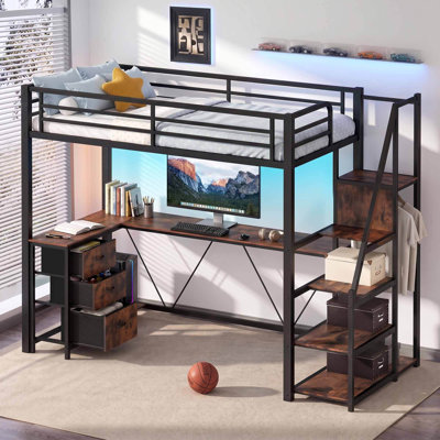 Twin Size Metal Loft Bed with Reversible Storage Stairs and L-Shaped Desk