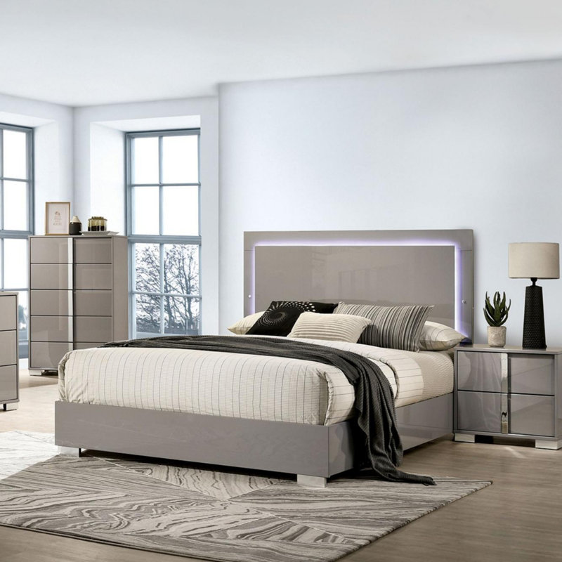 Contemporary Bed with LED Headboard, Queen, Taupe