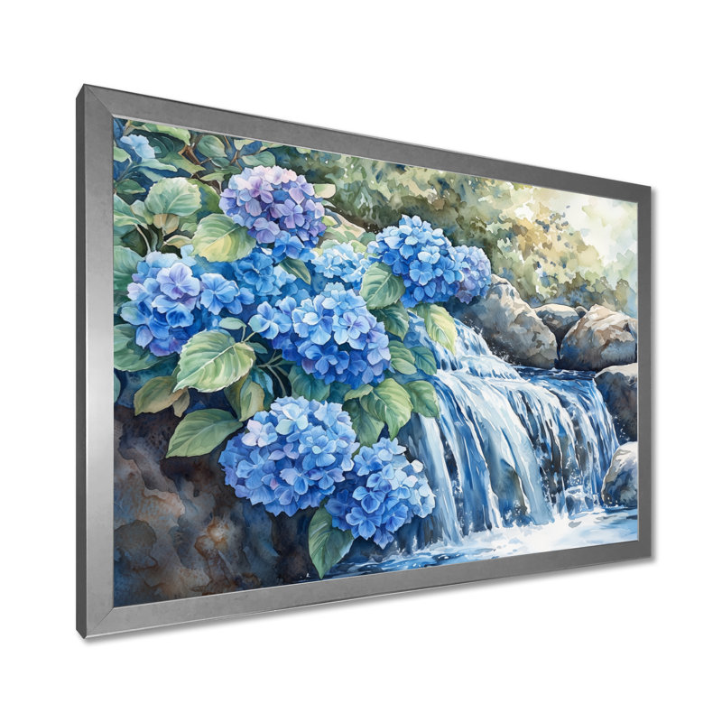 «Ilyena Hydrangeas By The Waterfall II», art mural hortensias, Argent argent, H 12 po x l 20 po, Floater Framed