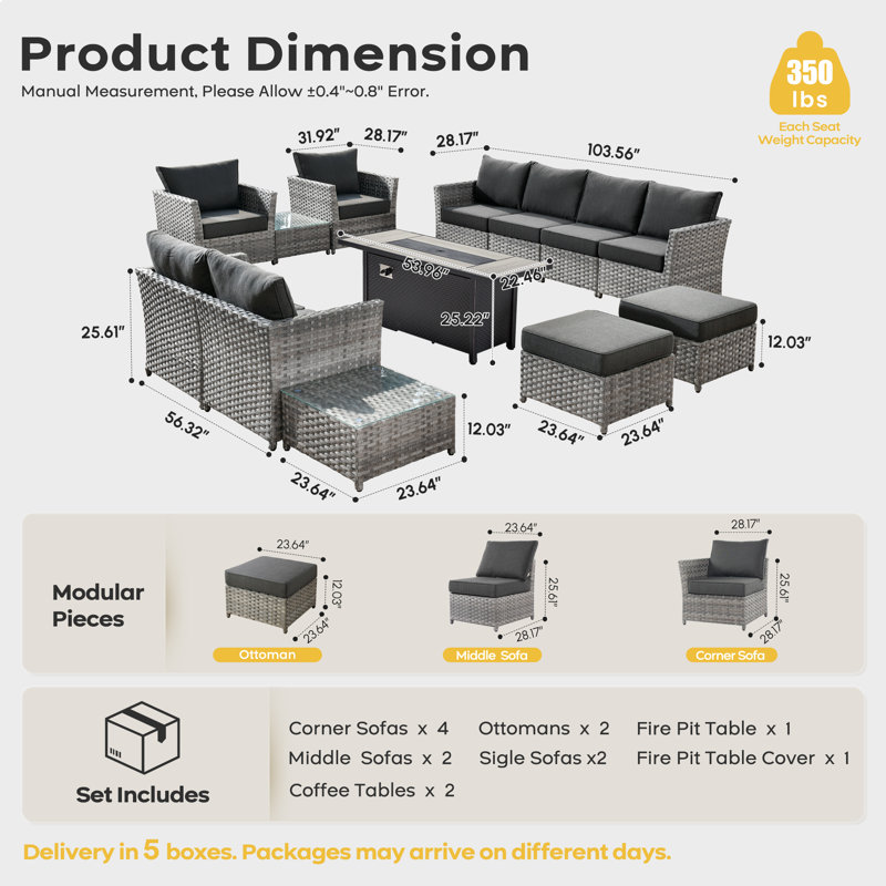 Briela 8 - Person Outdoor Seating Group with Cushions with Fire Pit table No Assembly Required, Black, Yes