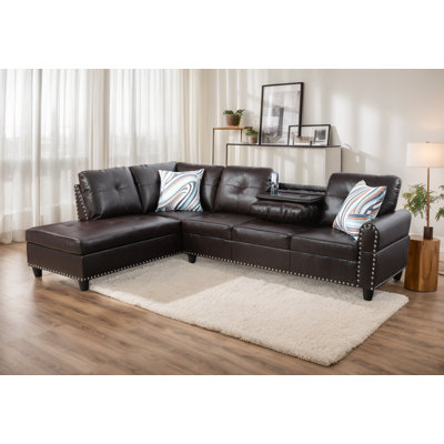 Canapé modulaire en cuir végétalien de 97 po avec table rabattable et porte-gobelets Naranja