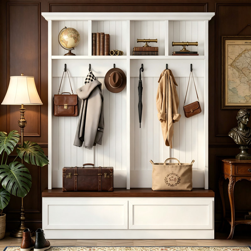 Retro Farmhouse-Style Entryway Storage Rack, Multi-Functional Coat Rack With Storage Drawers, Suitable For Hallways, Living Rooms, And Entryways.