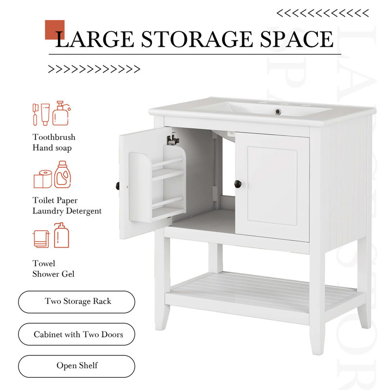 White 30" Modern Bathroom Vanity with Ceramic Sink and Solid Wood Frame