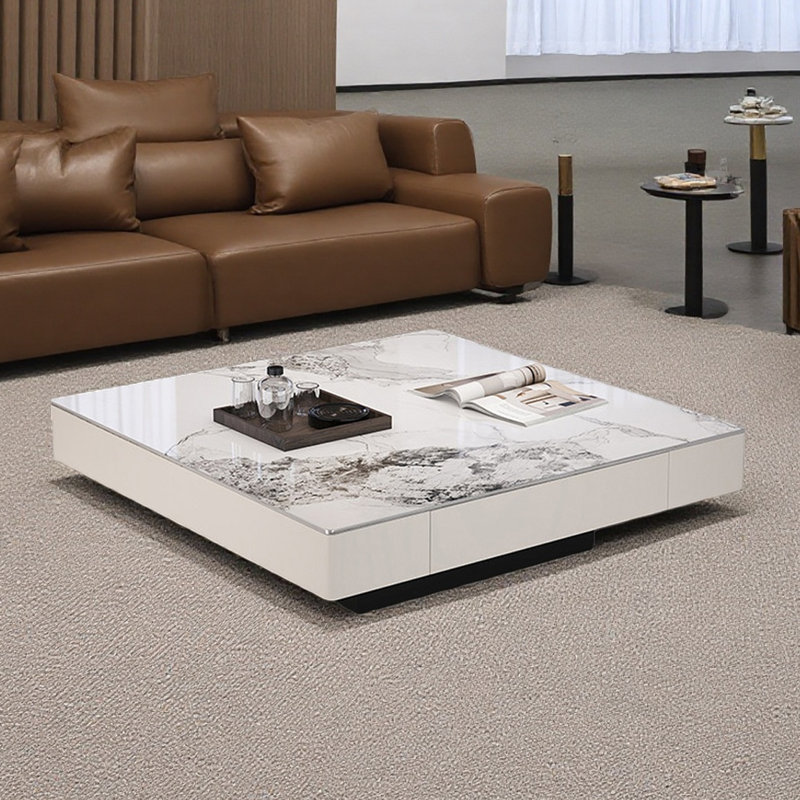 Table basse italienne de luxe moderne, Blanc, Blanc / Gris, 15" H x 39.37" L x 39.37" W