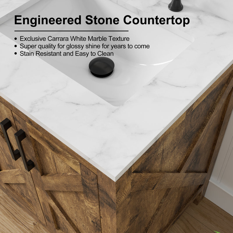 Linsay 48" Fully Assembled Rustic Brown Double Sink Bathroom Vanity with Engineered Stone Marble Top, Soft-Close Doors