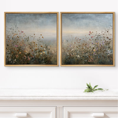 Soft Horizon Wildflower Field Landscape Floral Wall Decor Framed Master Bedroom Wall Art Work 2 Pieces Print
