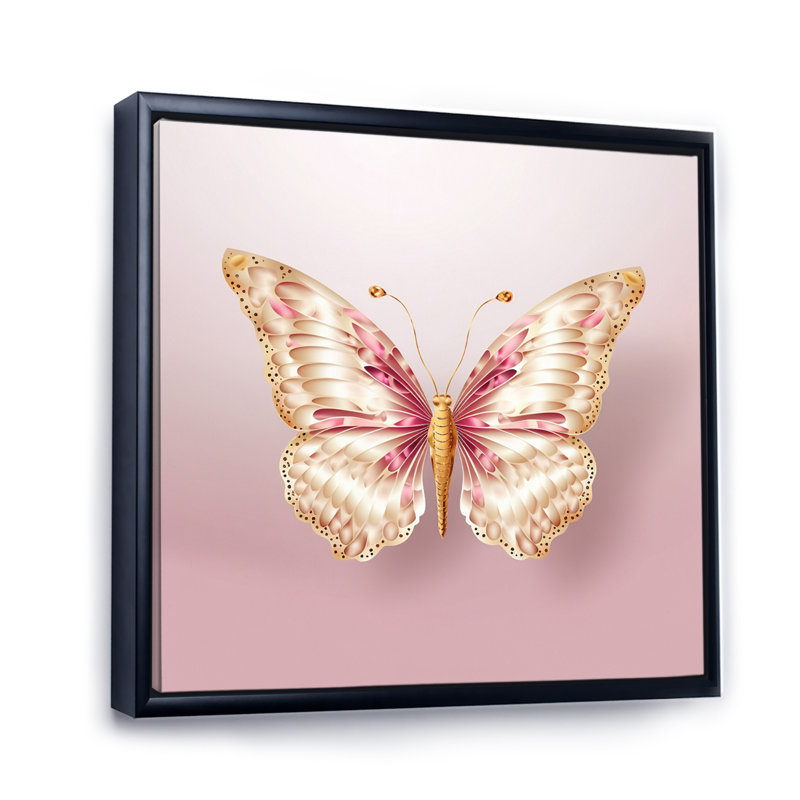 «Pink and Gold Butterfly I», reproduction d'art sur toile, Cadre flottant noir, H 24 po x l 24 po x P 1 po