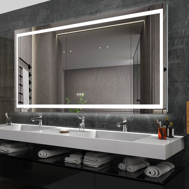 Miroir de salle de bain sans cadre à DEL avec lumières, miroir de meuble-lavabo mural anti-buée, multifonctionnel, 3 lumières à intensité variable, fonction de mémoire