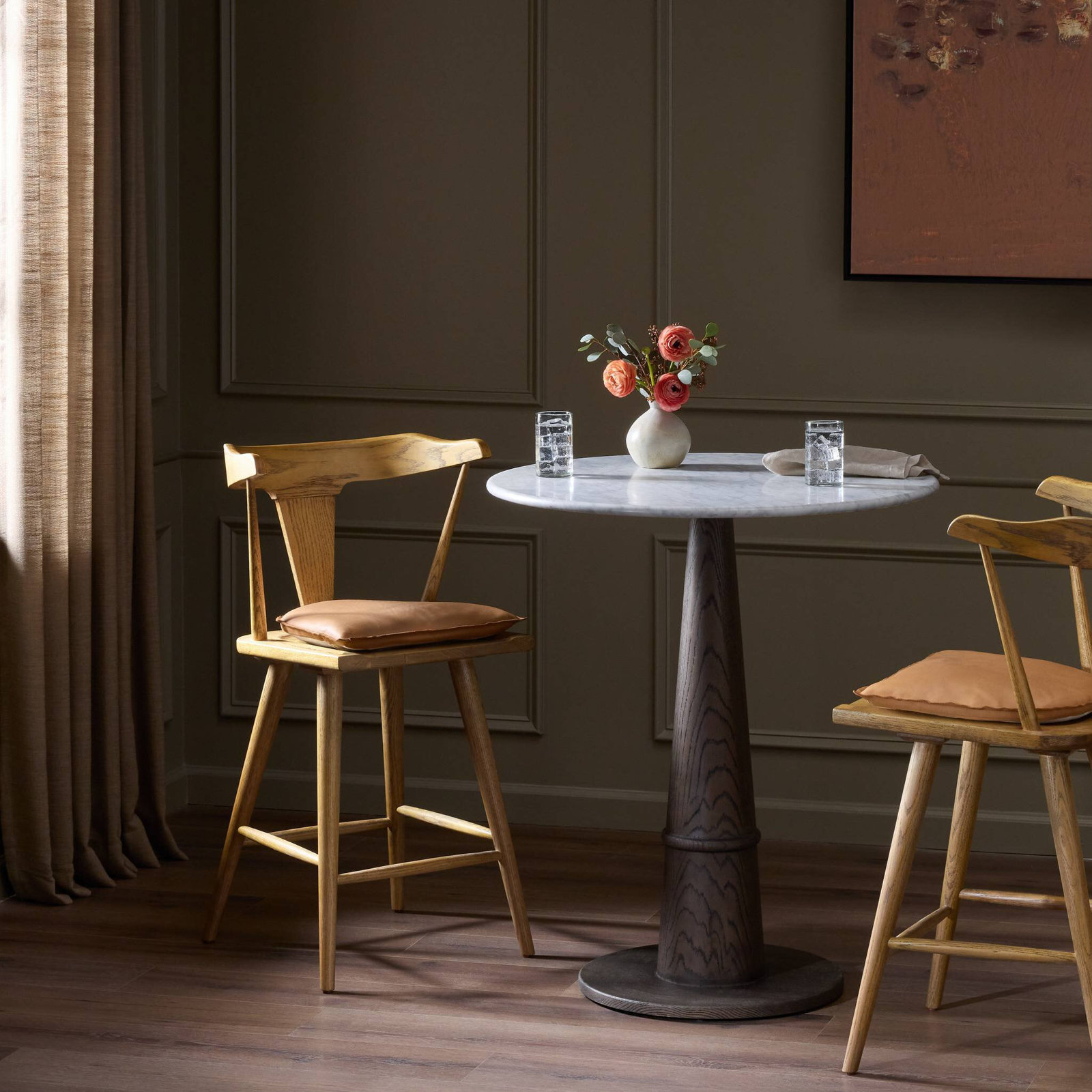 Boid Solid Wood Stool, Bar Stool (29.94" Seat Height), Sandy Oak, Whiskey Saddle/Genuine Leather