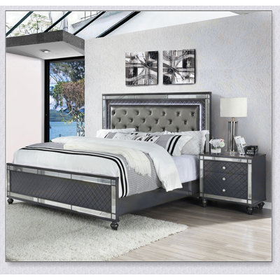 Glam Style Upholstered Headboard Button Tufting Glass Inlay 1Pc Panel Bed