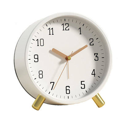 Alarm Clock With Backlight, 4.5 Inches Bedside Analogue Non-Ticking Silent Small Deskclock With Arabic Numerals, Battery Operated Round Tableclock For Living Room, Bedroom (White)