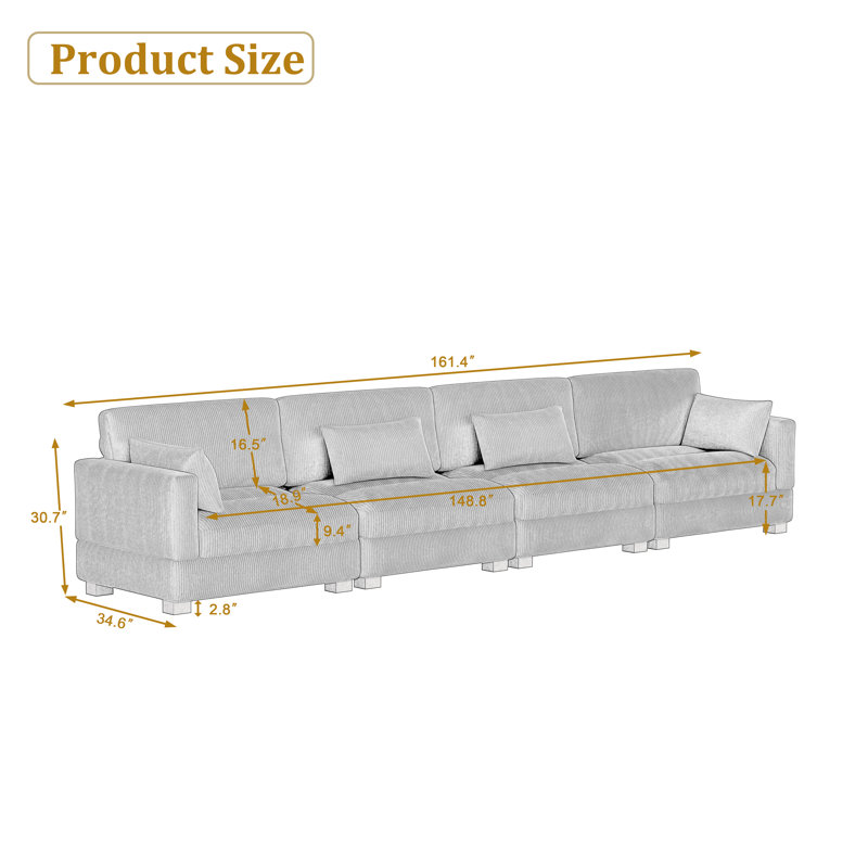 Maelina 4 - Piece Upholstered Navy Corduroy Modular Sectional Sofa with Pillow Back and Solid Wood Legs, Navy