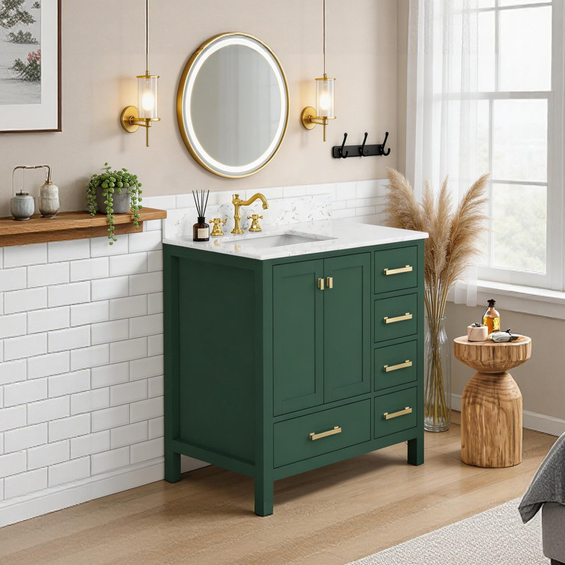 Meuble-lavabo sur pied 36 po avec lavabo, armoire de rangement en bois massif, Green