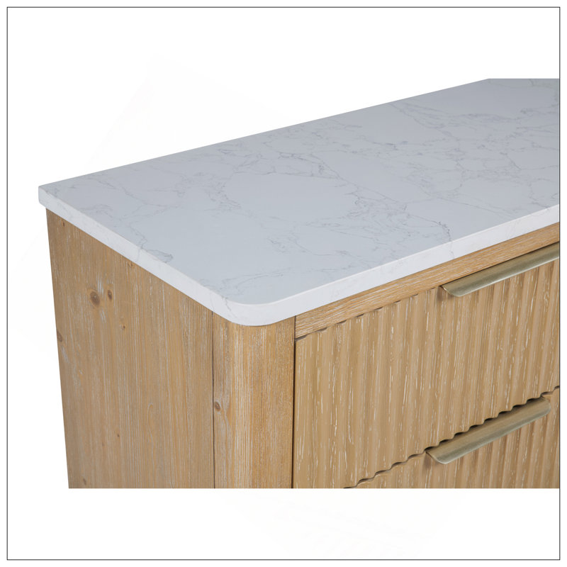 Esthétique moderne avec finition en bois naturel et grand espace de rangement à six tiroirs avec une commode en pierre reconstituée et une quincaillerie décorative en laiton
