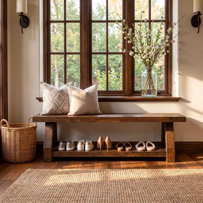 63" Solid Wood Entryway Shoe Bench