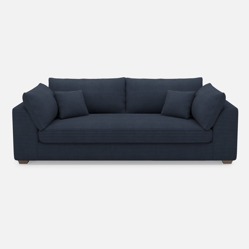 84.6'' W Solid Wood Frame Upholstered Couch with Toss Pillows, Blue Corduroy