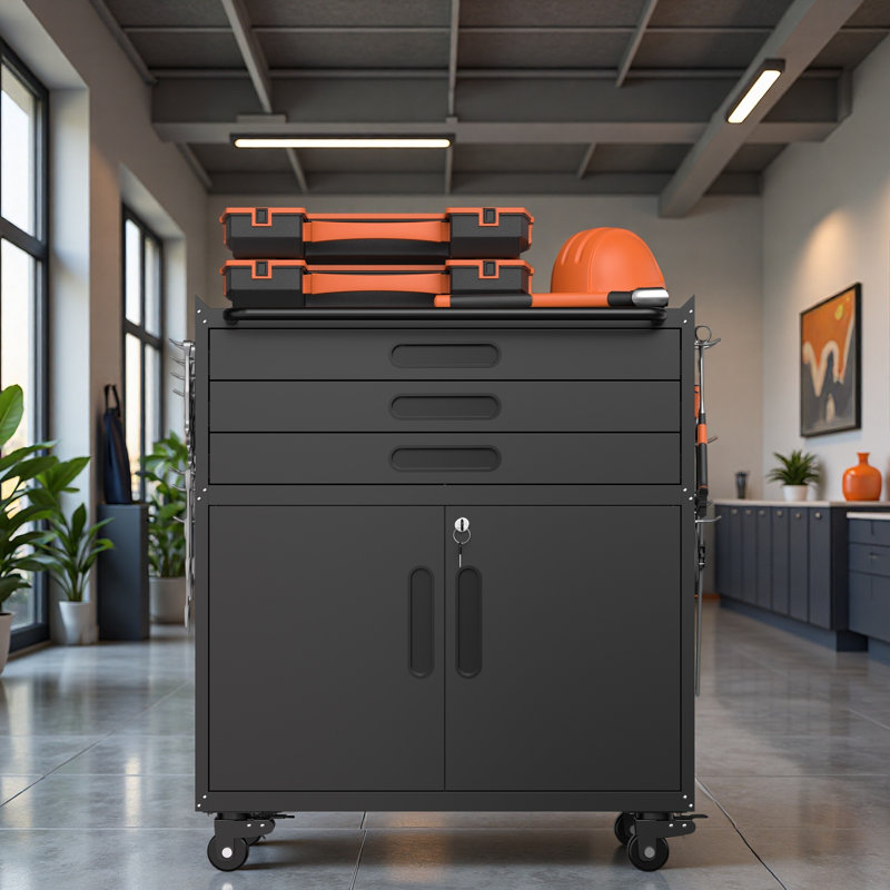 34.3" Rolling Metal Tool Cabinet - Heavy Duty Garage Storage With Lockable Doors & 3 Drawers