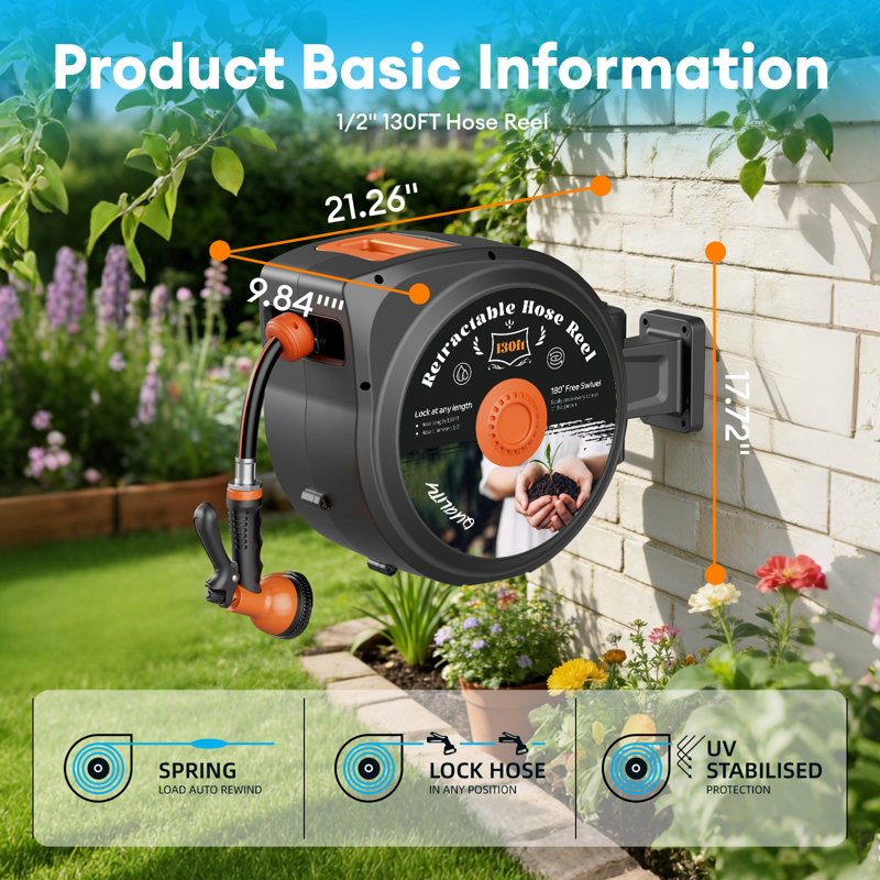 Wall Mounted Retractable  1/2 in. dia x 130 ft.Garden Hose Reel with 10 Sprayers & 180° Swivel Bracket