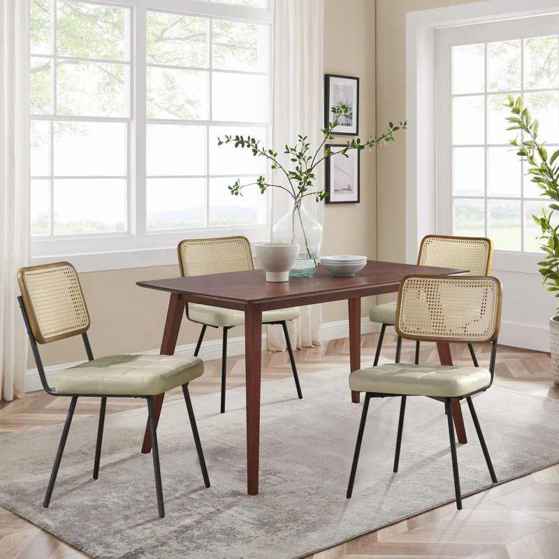 Bowens Tufted Faux Leather Upholstered Dining Side Chair with Ratten Back, Off White