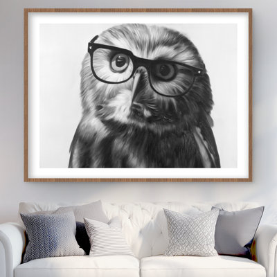 Northern Saw-Whet Owl with Glasses - Gray Framed Print Decor