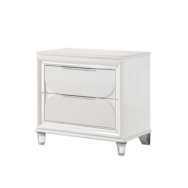 Table de chevet 2 tiroirs blanc perle avec pieds en cristal acrylique