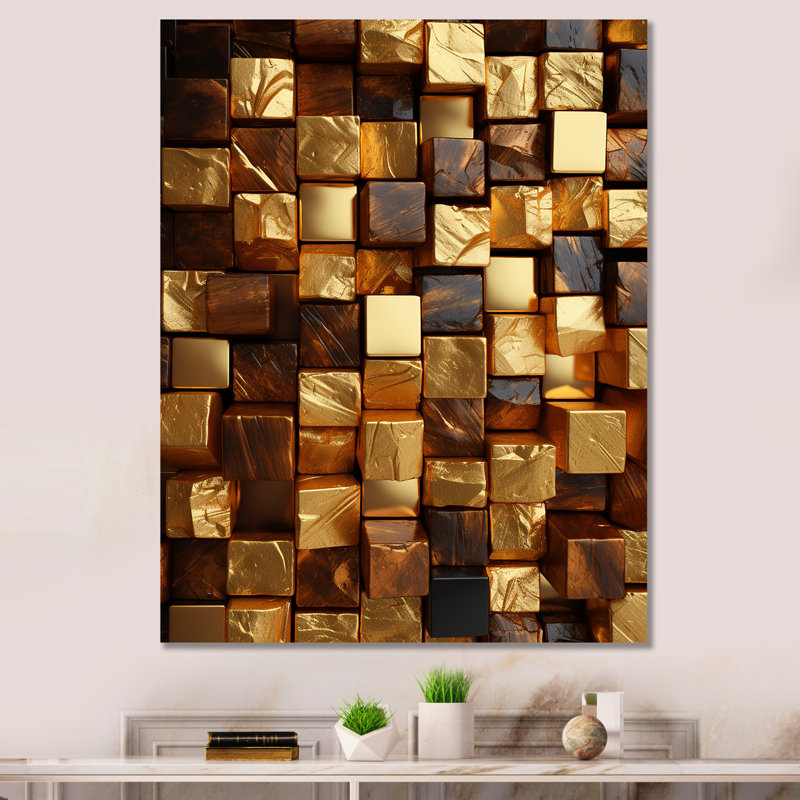 Or abstrait cubes II - art mural géométrique, H 40 po x l 30 po x P 1,5 po, Toile tendue